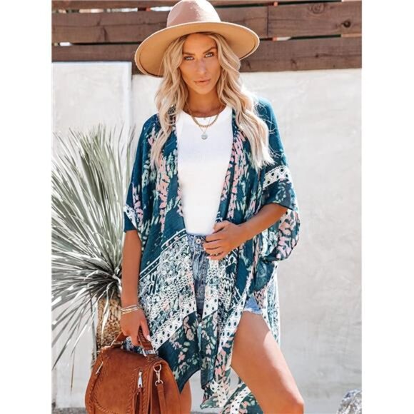 Women's Beach Cover up Swimsuit Kimono Blue - Picture 1 of 6